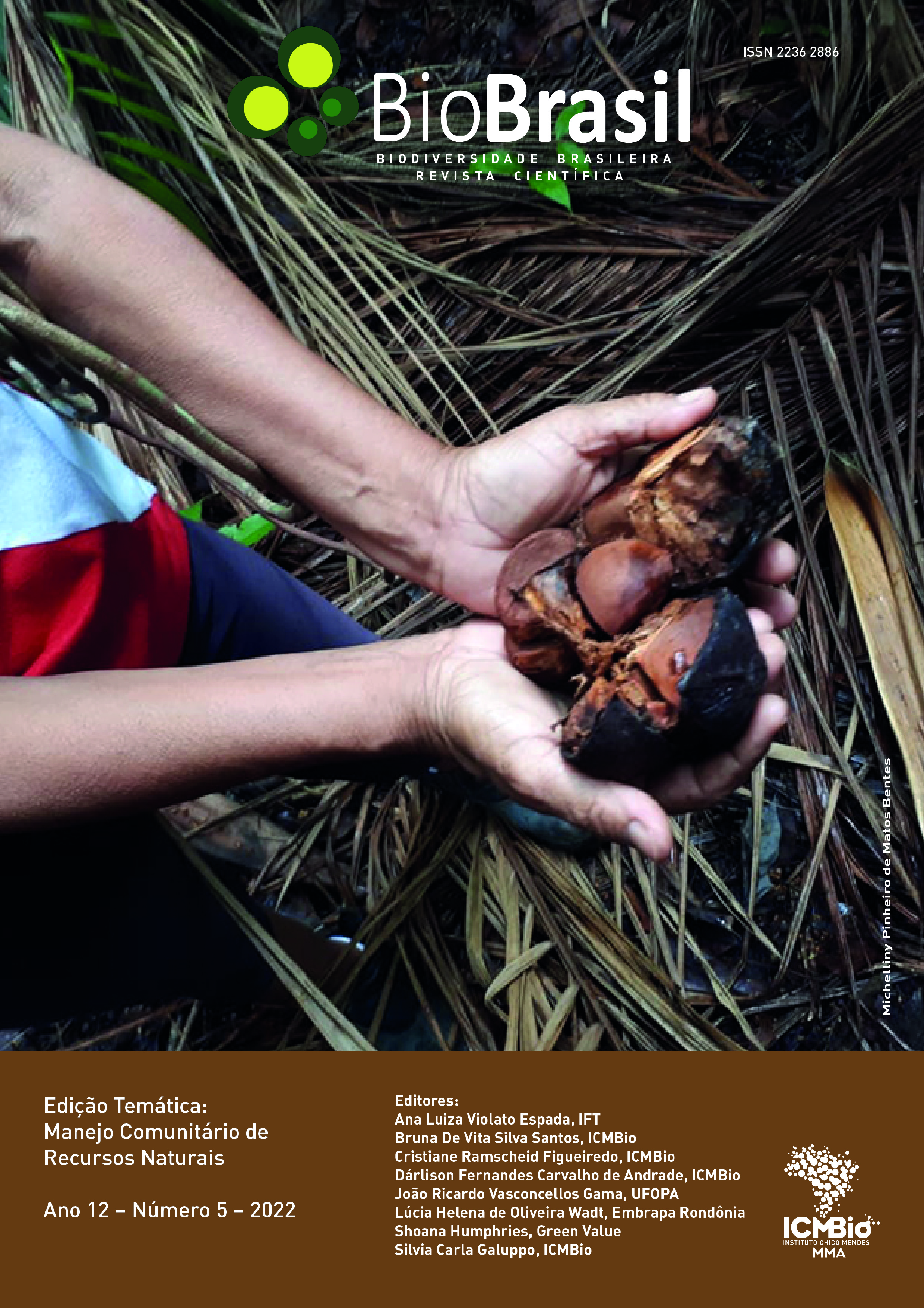 #paratodosverem: A capa da revista traz duas mãos abertas que seguram uma semente de andiroba partida ao meio. No chão, folhas secas de palmeiras. O destaque está nas mãos, mas é possível ver que a pessoa usa calça escura e camisa vermelha e azul. A autoria da foto é de Michelliny Pinheiro de Matos Bentes. Na parte superior da capa, a logomarca da revista BioBrasil. Na parte inferior, à esquerda, está o título da edição (Edição Temática: Manejo Comunitário de Recursos Naturais), seguido das informações: Ano 12, Número 5, 2022. Do outro lado, mais à direita da página, também na parte de baixo, há uma lista com o nome dos editores da seção:  Ana Luiza Violato Espada, /IFT; Bruna De Vita Silva Santos, ICMBio; Cristiane Ramscheid Figueiredo, ICMBio; Dárlison Fernandes Carvalho de Andrade, ICMBio; João Ricardo Vasconcellos Gama, UFOPA; Lúcia Helena de Oliveira Wadt, Embrapa Rondônia; Shoana Humphries, Green Value; Silvia Carla Galuppo, ICMBio.